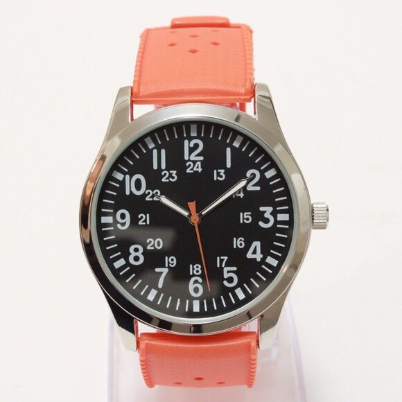 Men's Quartz Field Watch Silver Case Orange Tropical Rubber Strap 42mm - Picture 3 of 15